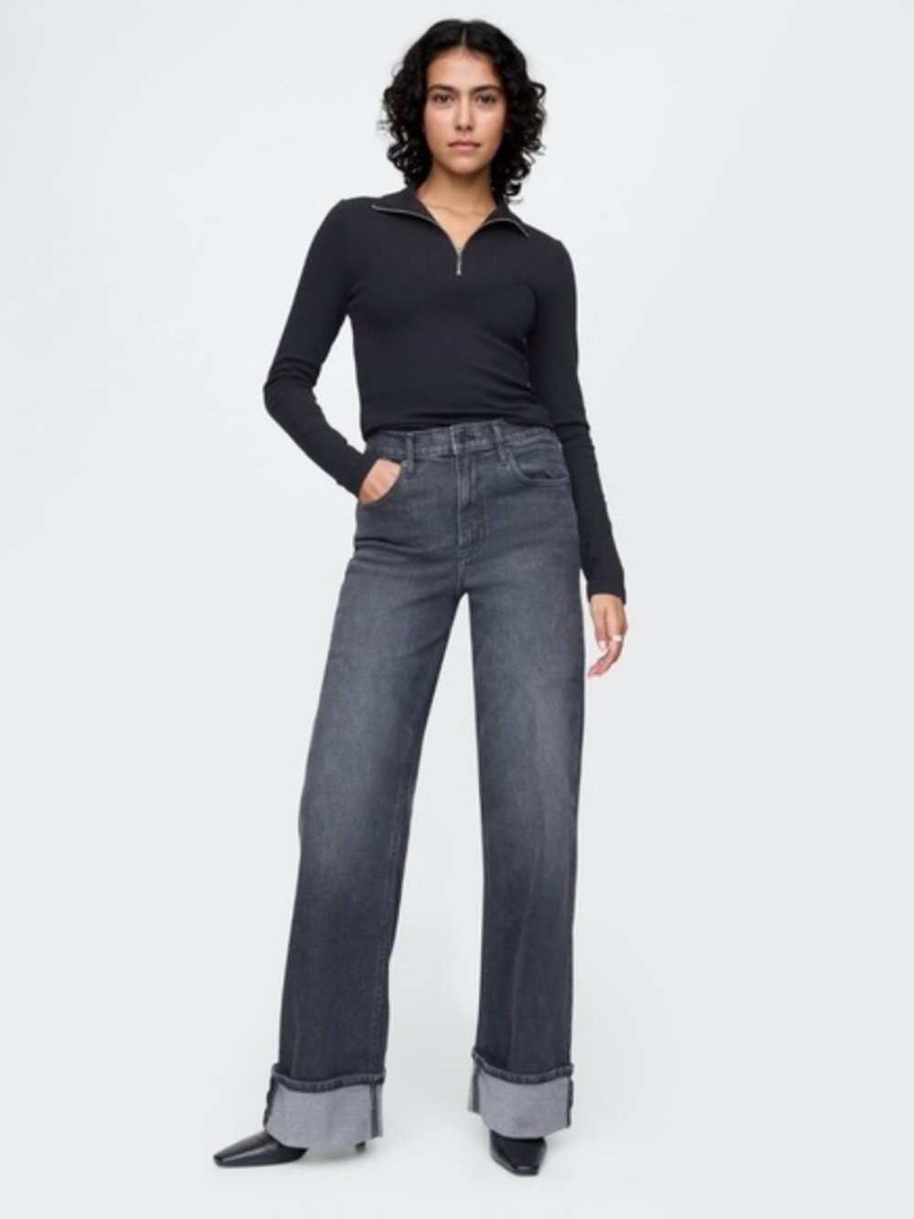 GAP Faded Black High Rise Stride Cuffed Wide-Leg Jeans 31R 12/14